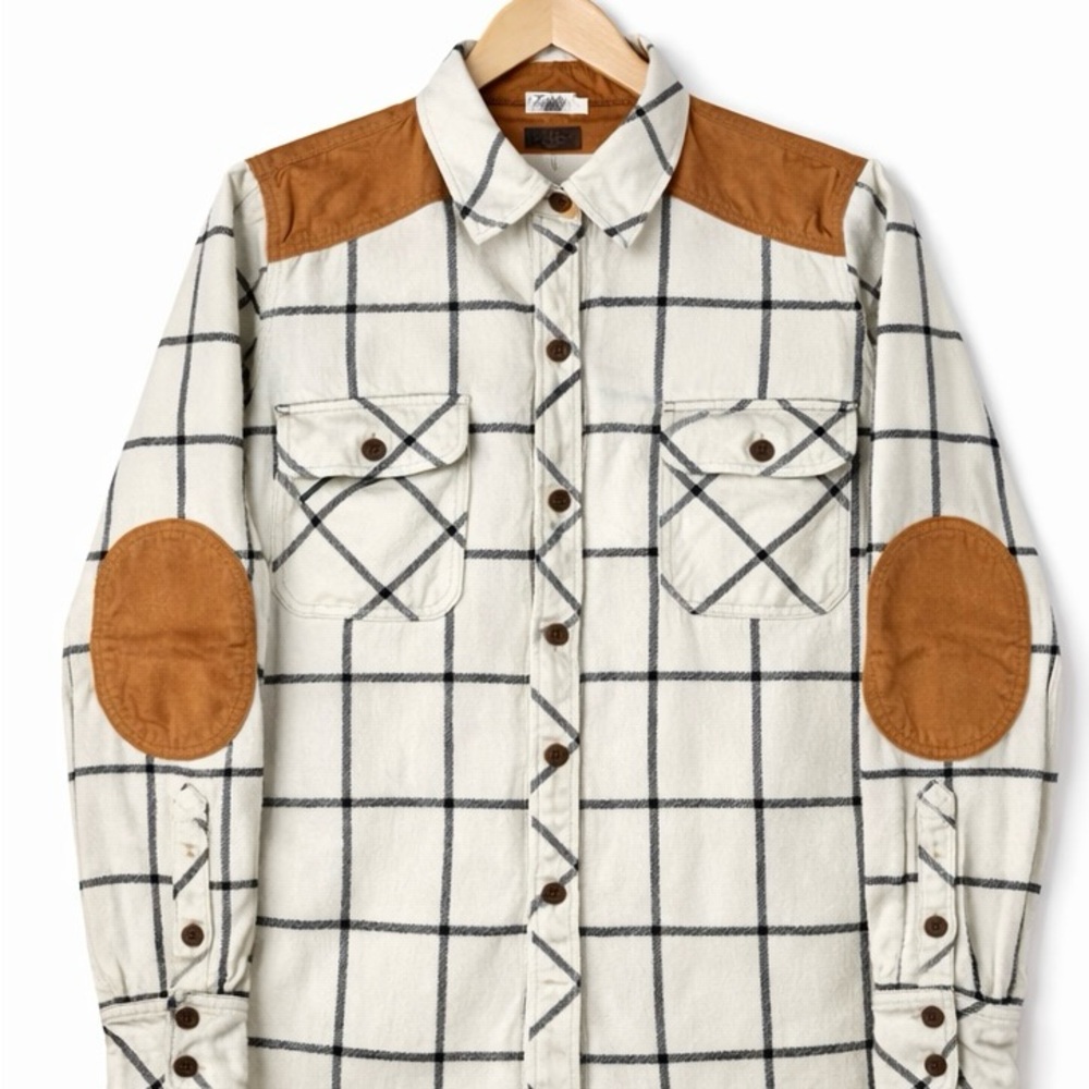NWOT‎ Faherty Daly Plaid Shirt Jacket Elbow Patches XS Cream Flannel